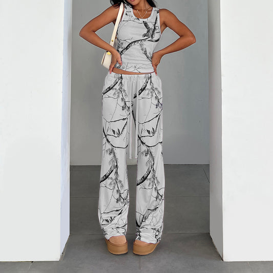 Sleeveless Vest And Drawstring Pants Set With A Printed Design