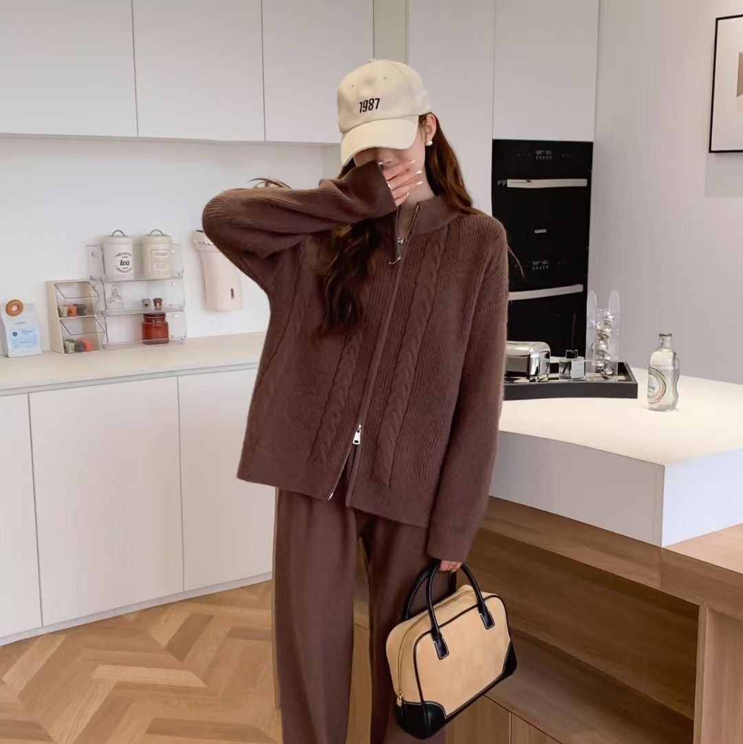 Double Zipper Sweater Set Women's Sweater Cardigan Coat Wide Leg Pants
