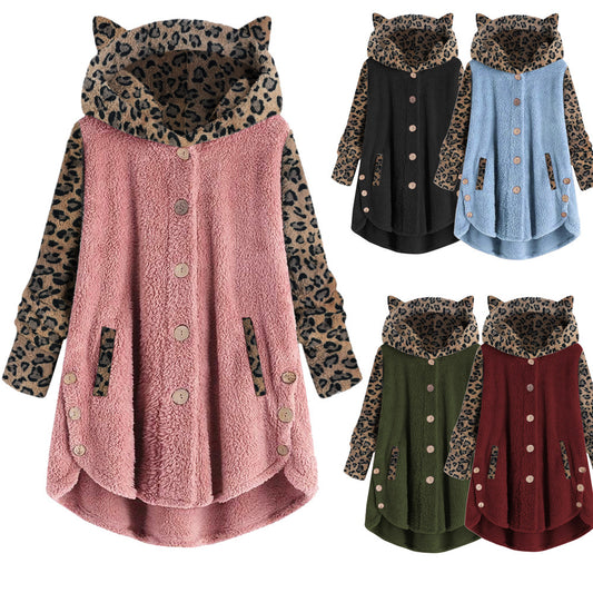 Button Long Sleeve Leopard Splicing Hooded Plush Coat For Women