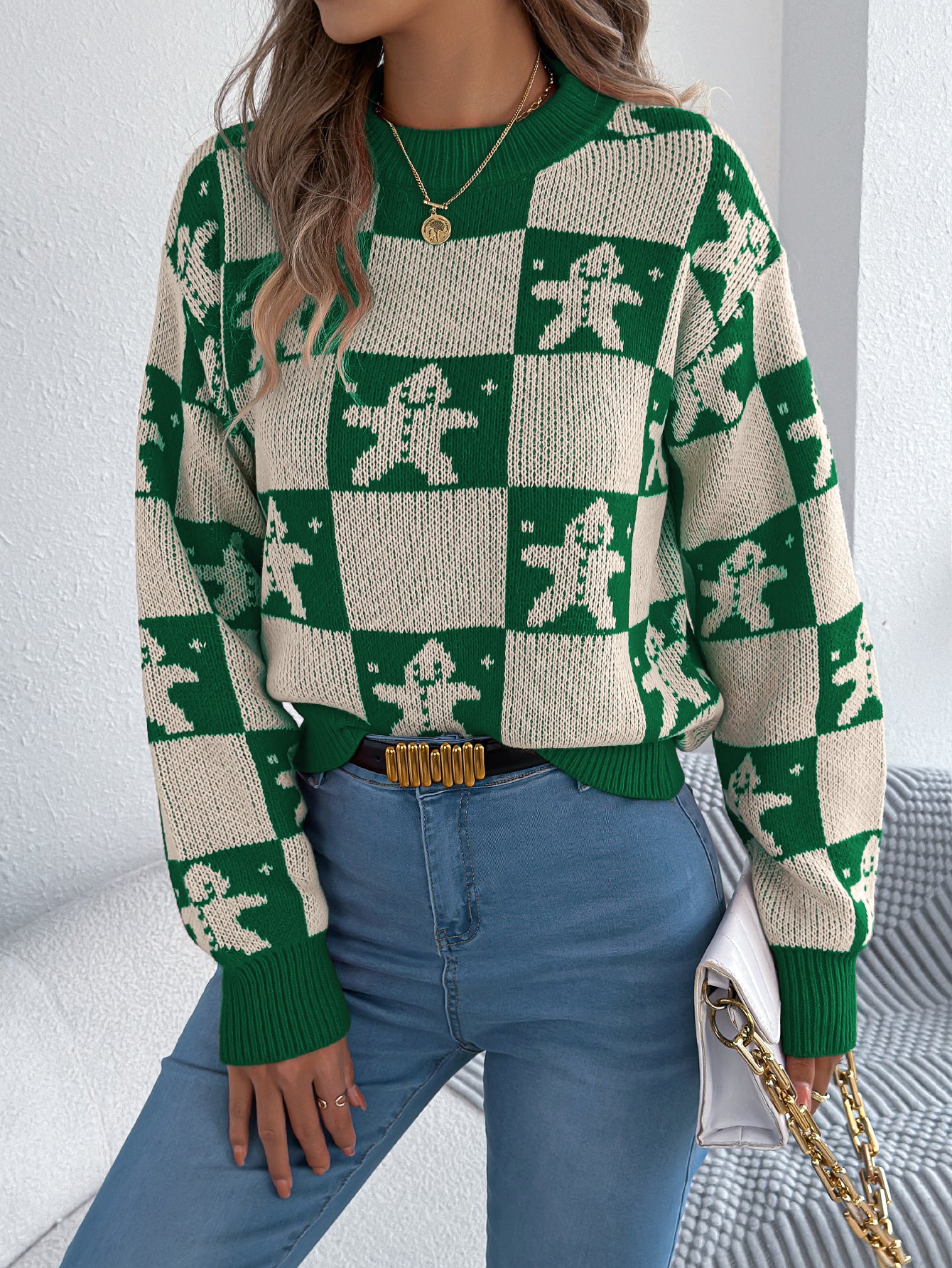 Snowflake Plaid Lantern Sleeve Pullover Sweater