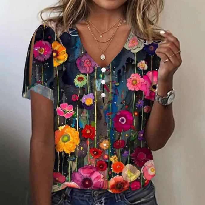 Floral Print Button Spring And Summer Women's Clothing T-shirt Short Sleeve