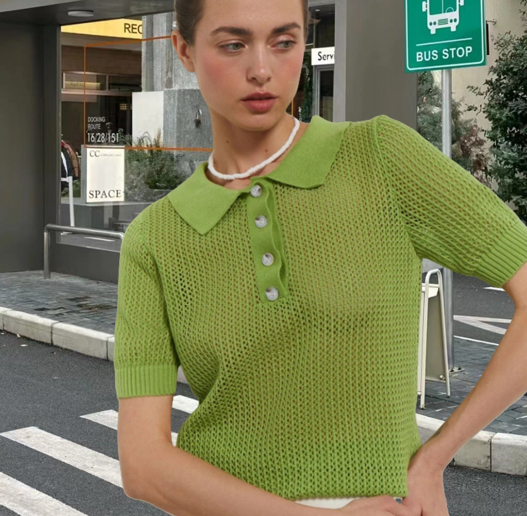 European And American Short Sleeve Lapel Hollow See-through Knitwear Solid Color And V-neck