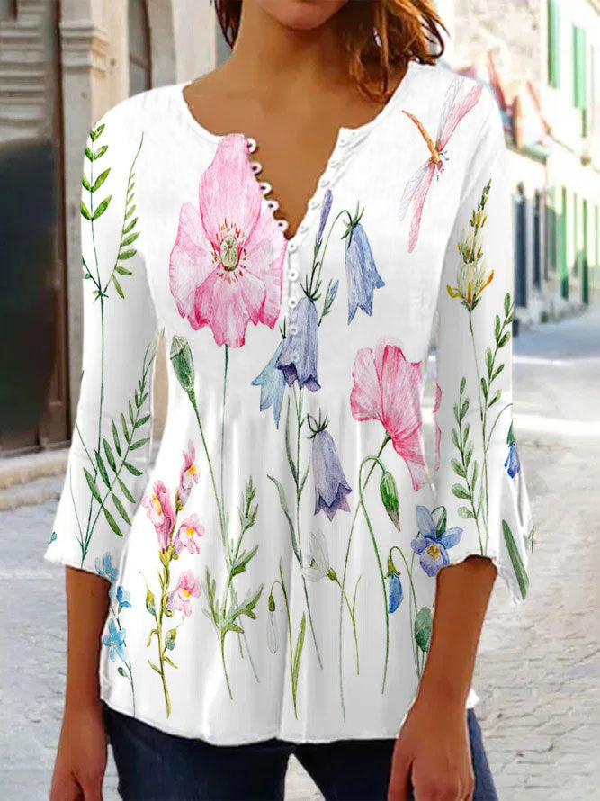 Bluse til kvinder med blomstret print, 3/4 ærmer, V-hals og knapper