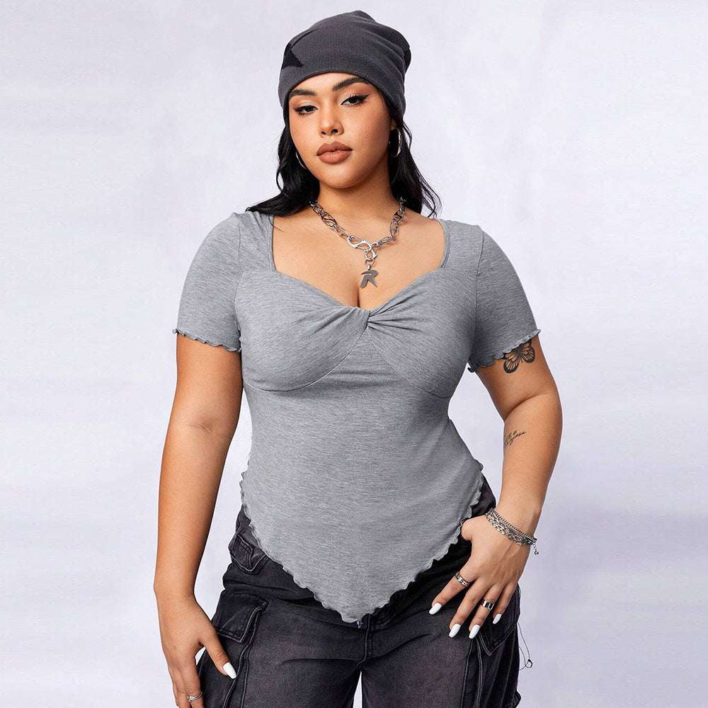 Square Neck Slim-fit Irregular Knit Short-sleeve T-shirt