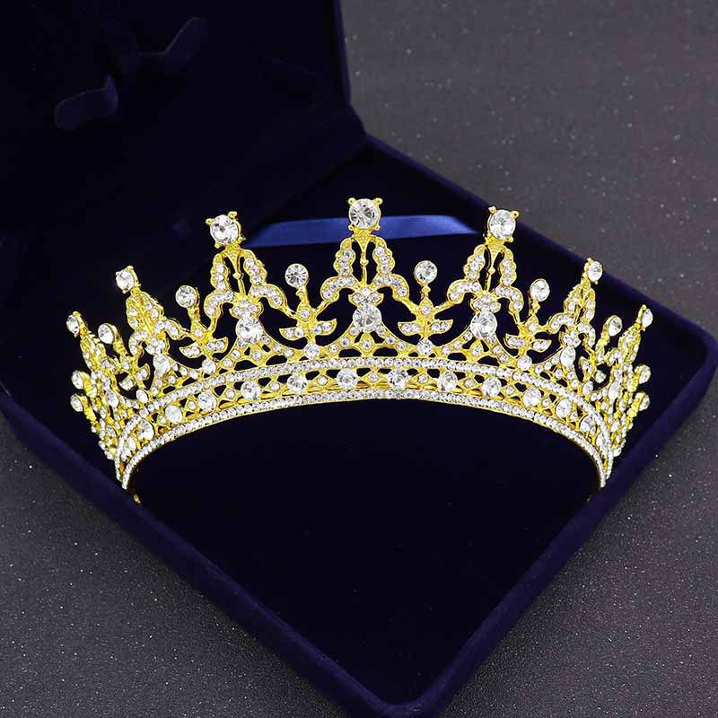 European Baroque Alloy Diamond Gold Crystal Crown Hair Ornament