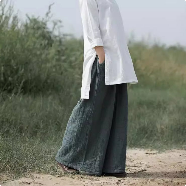 Stylish And Personalized Design Cotton And Linen Loose Big Leg Trousers Retro Elastic Waist
