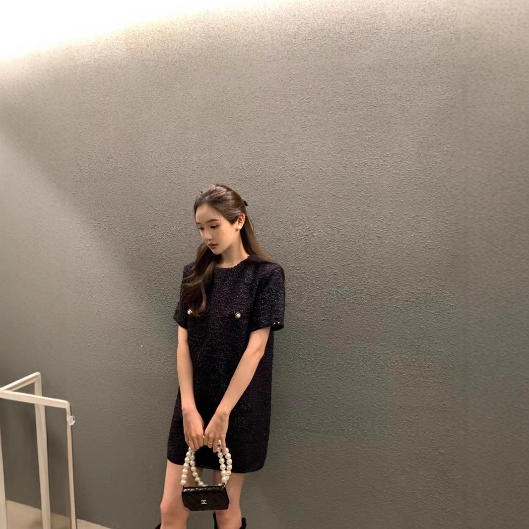 Contrast-color Patchwork Loose Casual Short-sleeve Tweed Dress