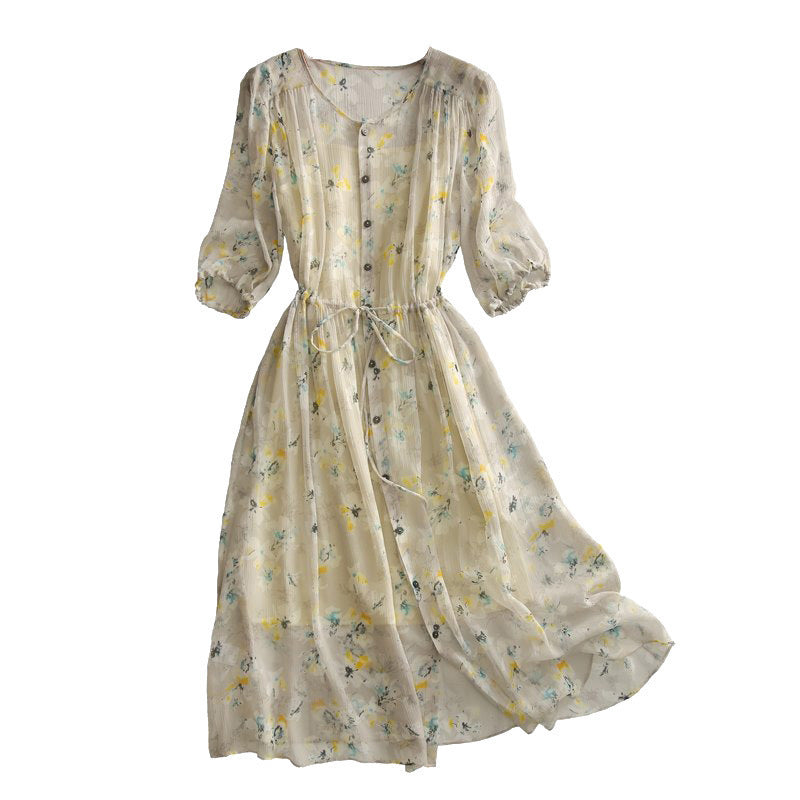 Fragmented Floral Long Skirt French Short Sleeved