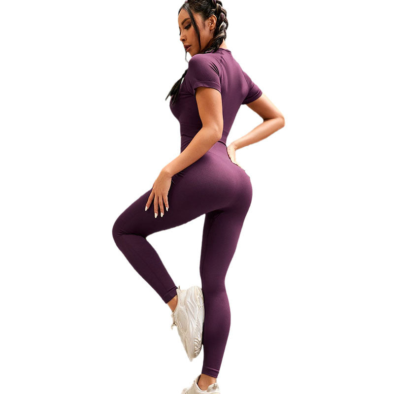 New Solid-color Athletic Yoga Short-sleeve Tight Two-piece Set