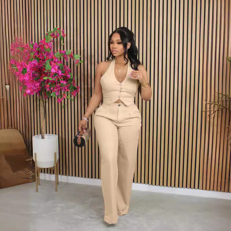 Solid-color V-neck Halter Blazer Vest And Pants Set