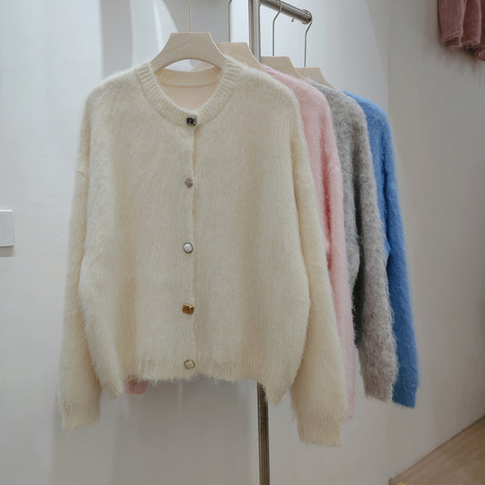 Round Neck Soft Sticky Mohair Knitted Cardigan Women's Long Sleeve Sweater Coat