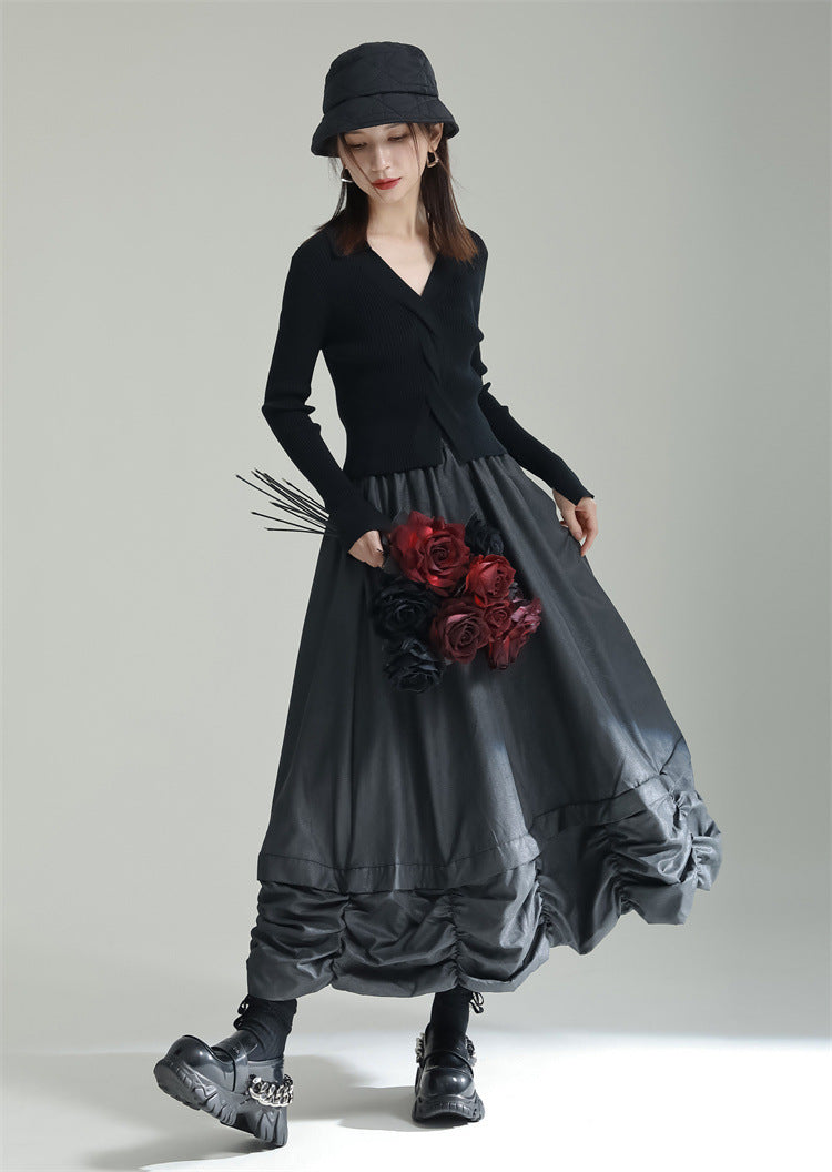 Pleated Bud Solid Color Umbrella Skirt