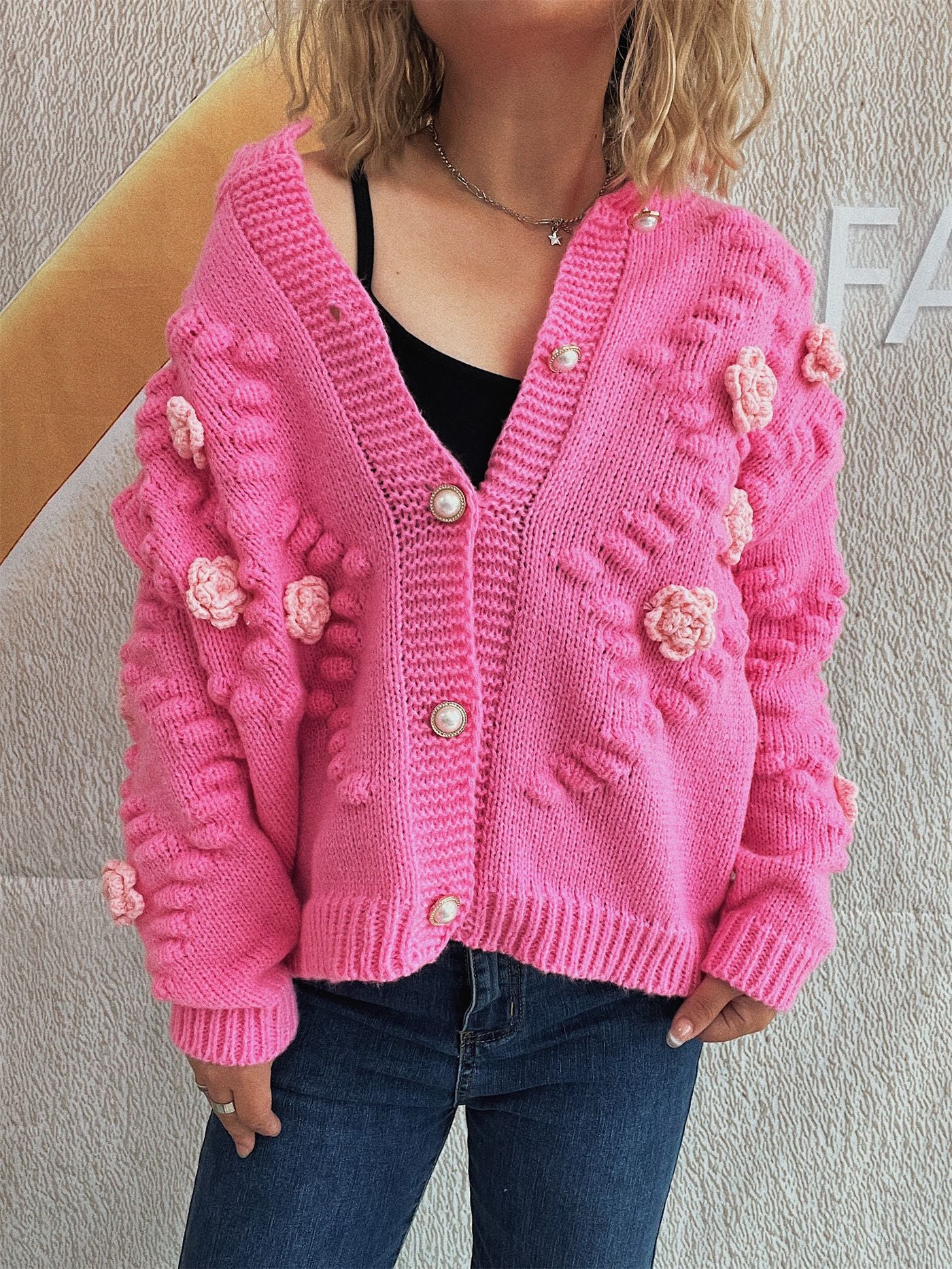 Cute Three-dimensional Flower Decorative Knitted Cardigan Round Neck Sweater