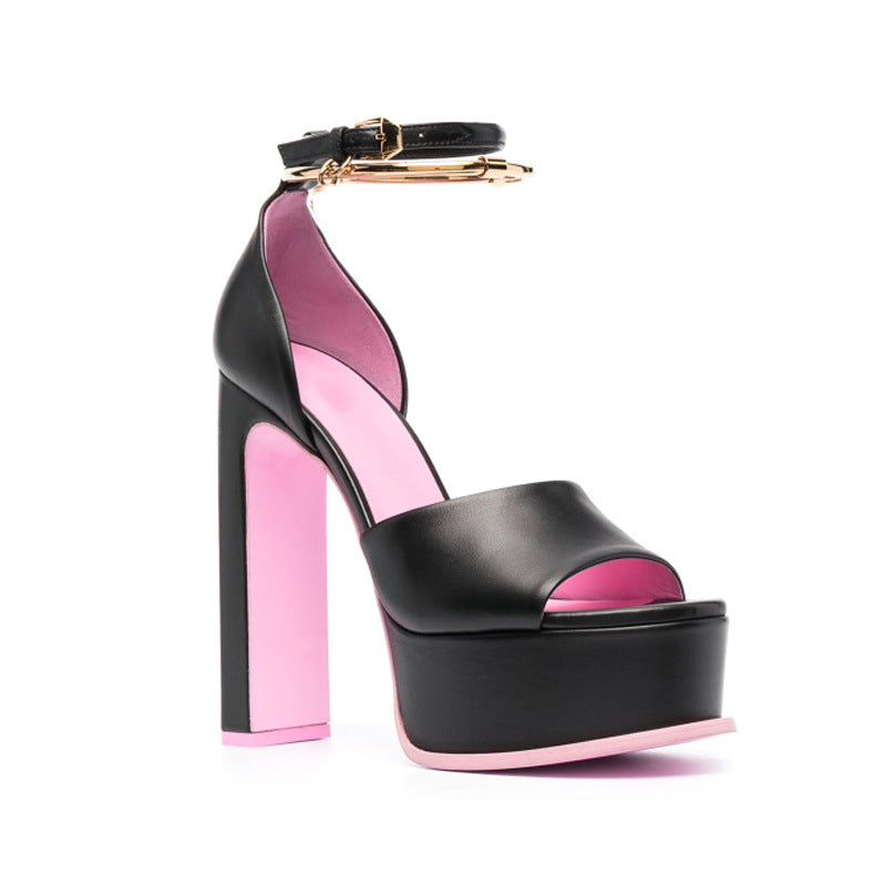 Fish Mouth Toe Thickened Water Table Thick High-heeled Buckle Metal Sandals Women
