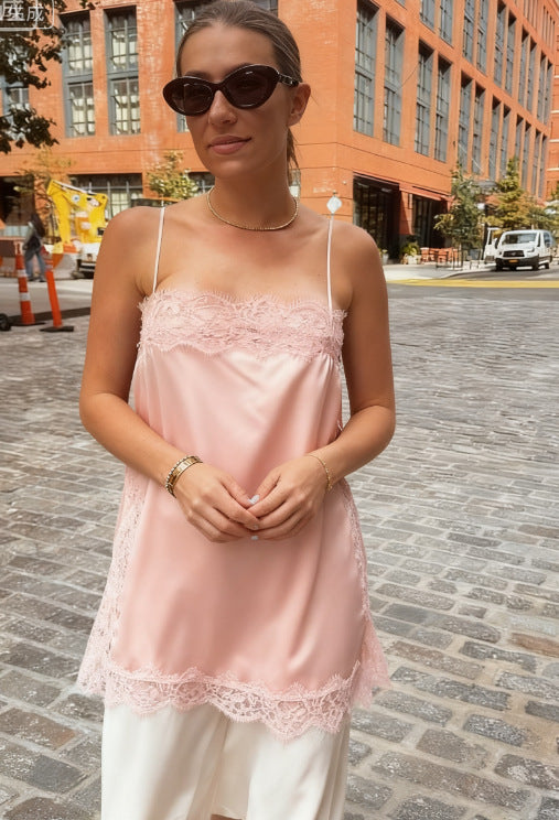 Lace-Trimmed Solid-Color Womens Sexy Strappy Top In A Sassy Chic Style