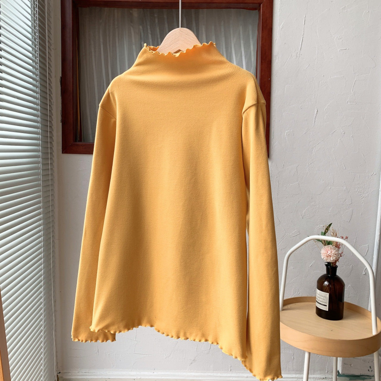 Women's Wooden Ear Half-high Collar Long Sleeves Solid Color Inner Wear Slim Top