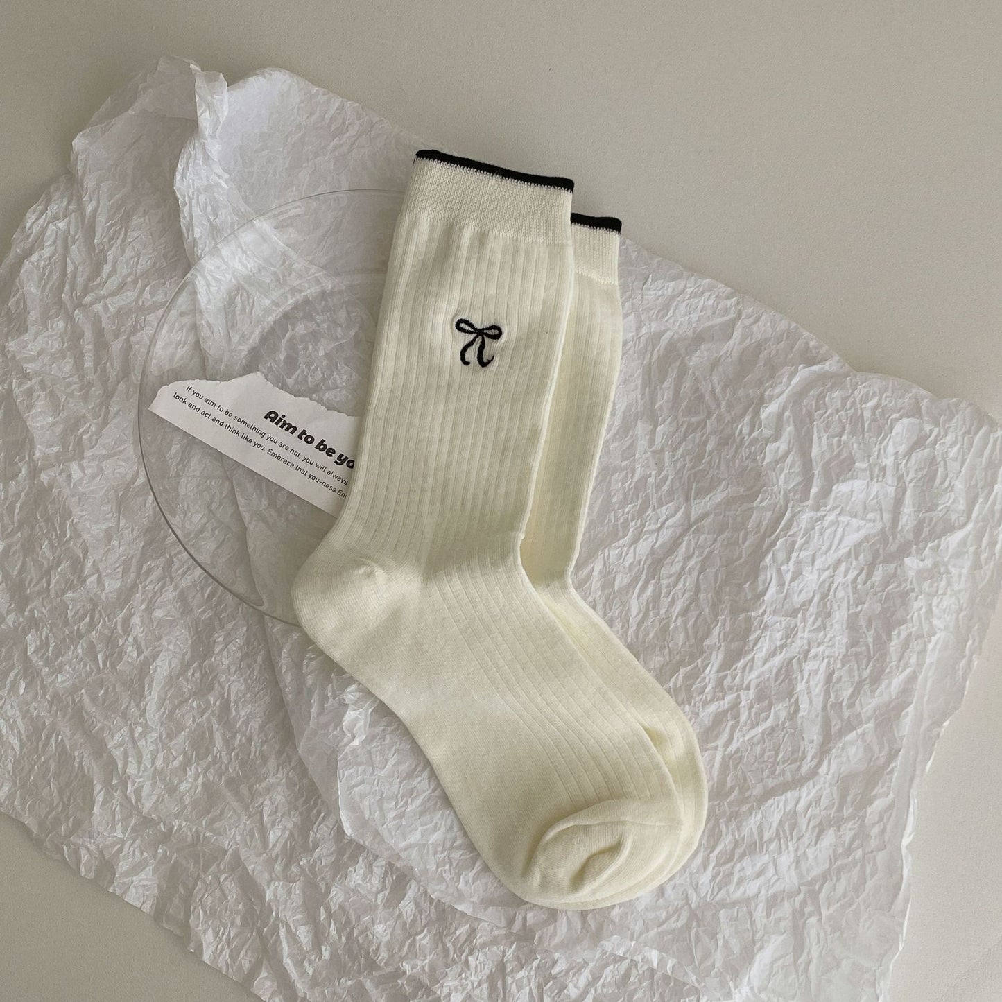 South Korea Ins Wear Blogger Color Block Embroidery Bow Bunching Socks