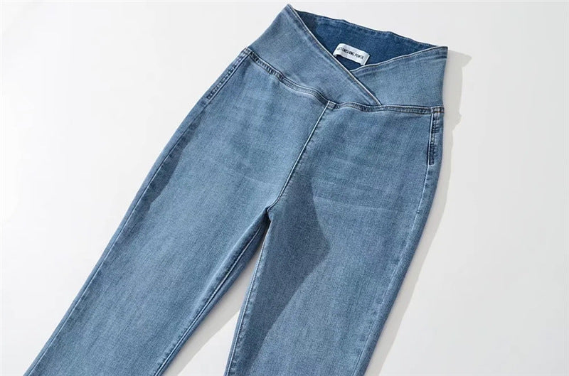 Waist Irregular Denim Bootleg Pants Women