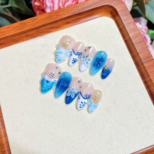 Blue Hand-painted Carved Summer Ice Transparent Wear Fake Nails