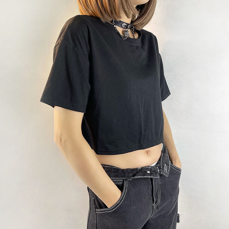 Black Lace Butterfly Exposed Navel Short T-shirt