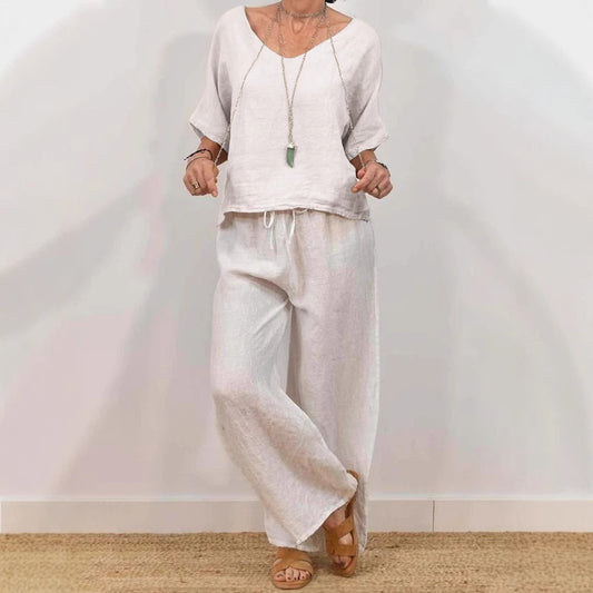 Womens Multi-Color Two-Piece Set Casual V-Neck Pullover With Three-Quarter Sleeves And Extended Pants