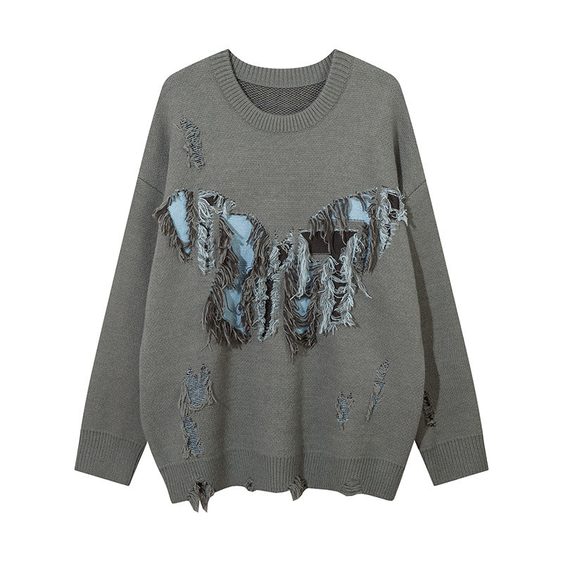 Butterfly Color Matching Hole With Cat Whisker Round Neck Sweater
