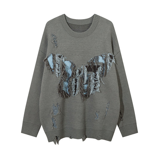 Butterfly Color Matching Hole With Cat Whisker Round Neck Sweater