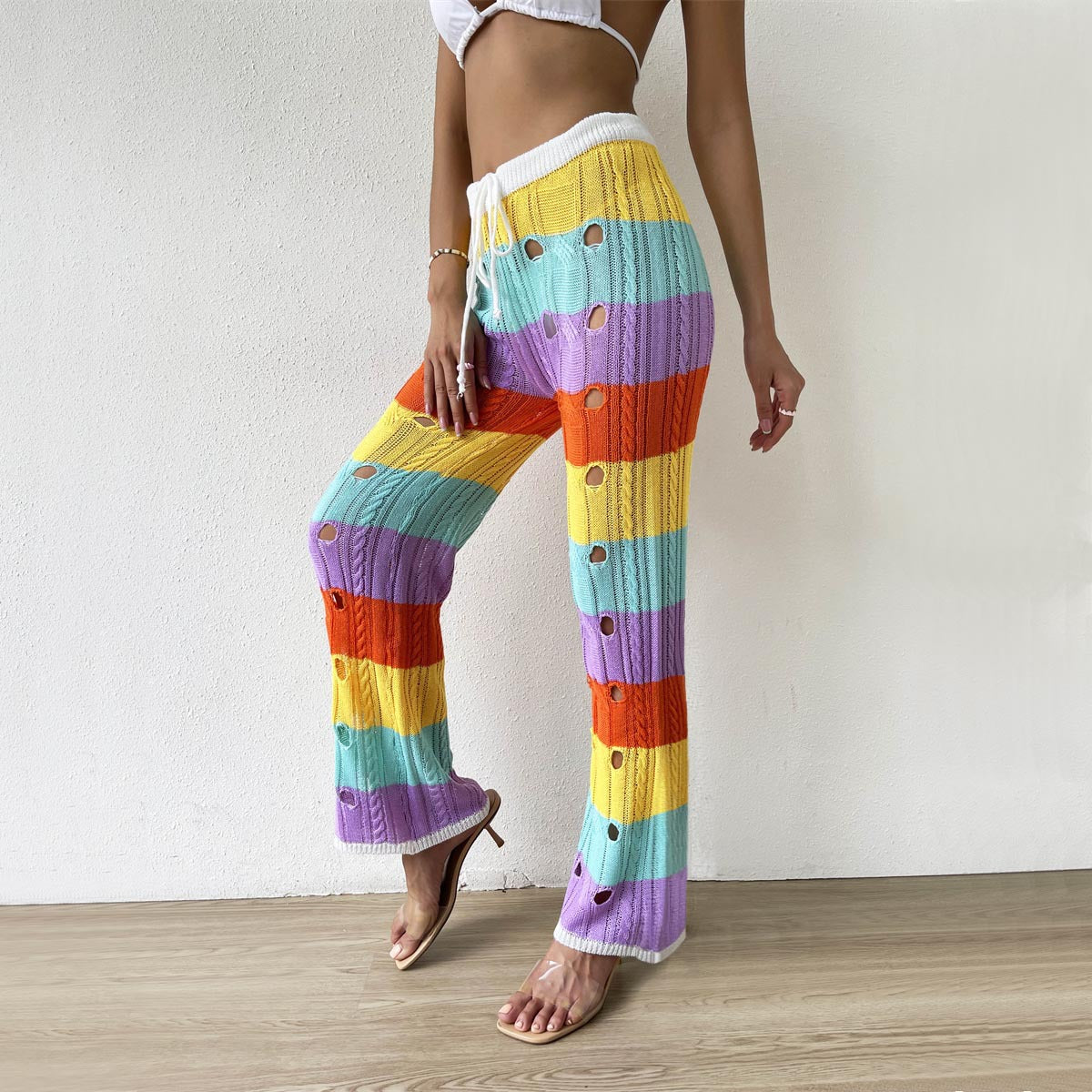 Rainbow Color Hollow Knitted Pants Beach Pants Wholesale