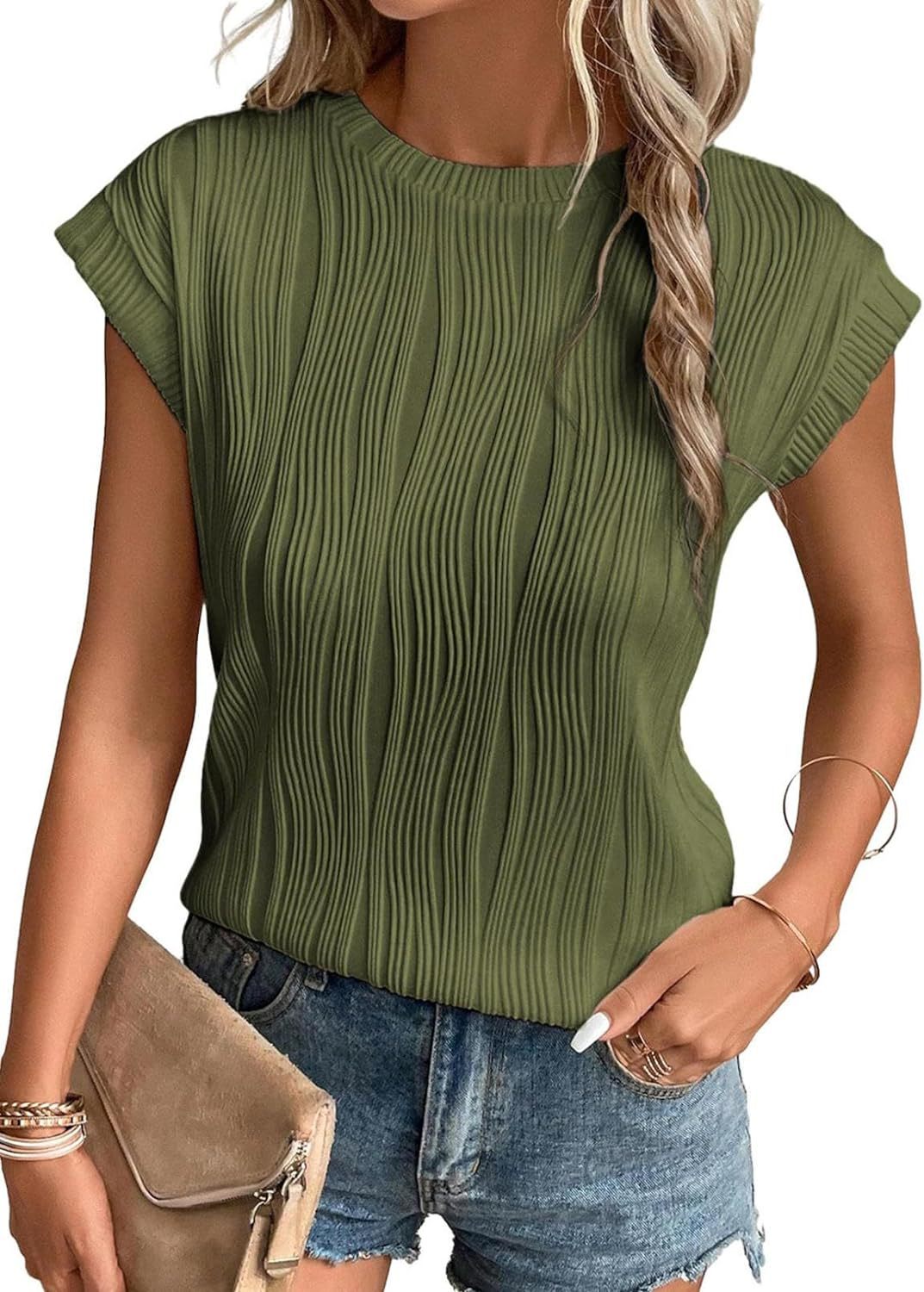 Dame Modetoppe Rund Hals Super Korte Ærmer Ensfarvet Sommer T-shirt