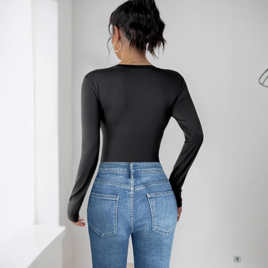 High-elastic Long-sleeve Solid-color 3D Floral Crewneck Jumpsuit