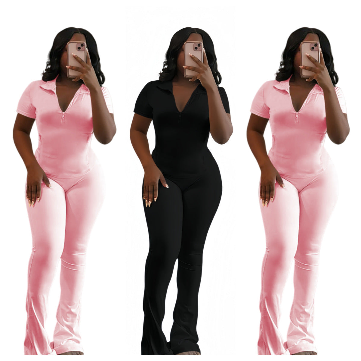 Stylish Casual V-neck Zip-up Two-piece Set