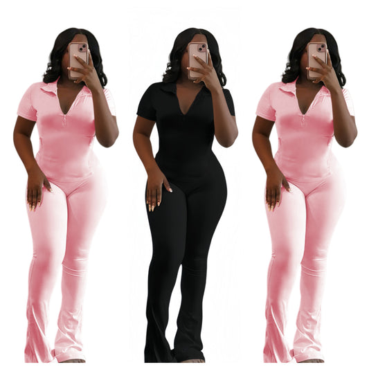Stylish Casual V-neck Zip-up Two-piece Set