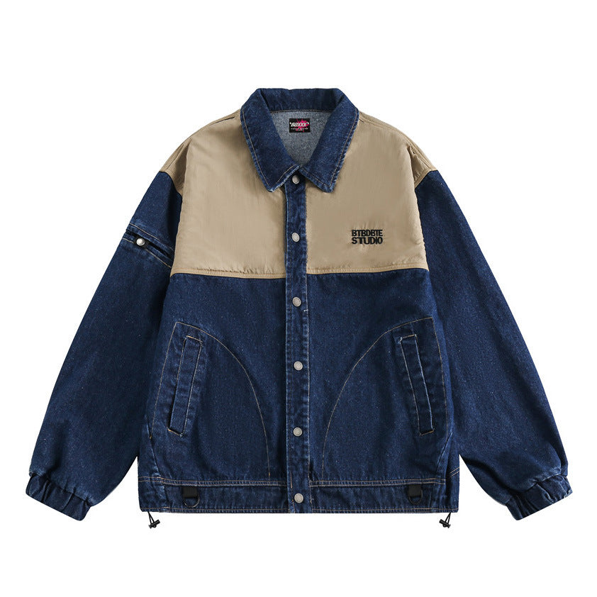 Color Matching Stitching Denim Baggy Coat Men's