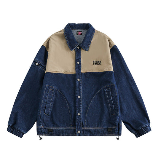 Color Matching Stitching Denim Baggy Coat Men's