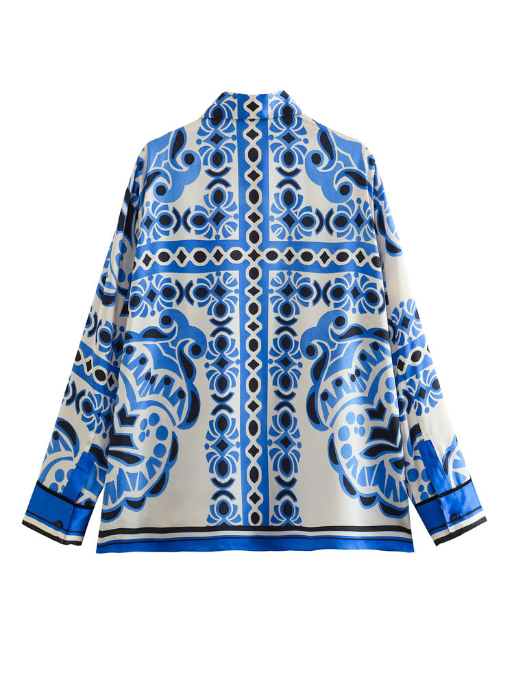 Spring New European And American Printing Drape Loose Shirt Elastic Waist Pajamas Wind Length Blouse And Pants