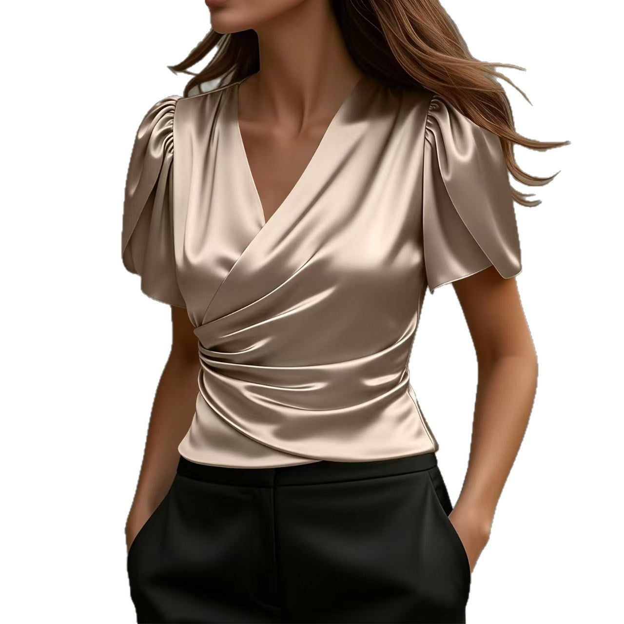 Women's Irregular Designer-Style Pleated Short-Sleeve Shirt