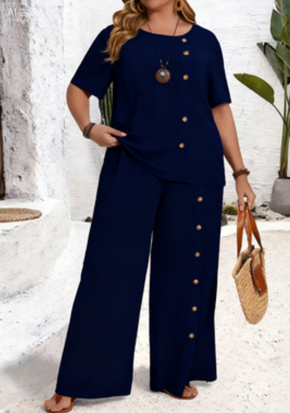 Solid-color Button-up Casual Loose-fit Set