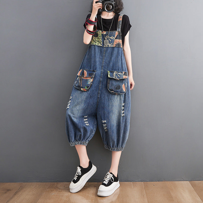 Denim Overalls Shorts Women's Fat Mm Print Stitching