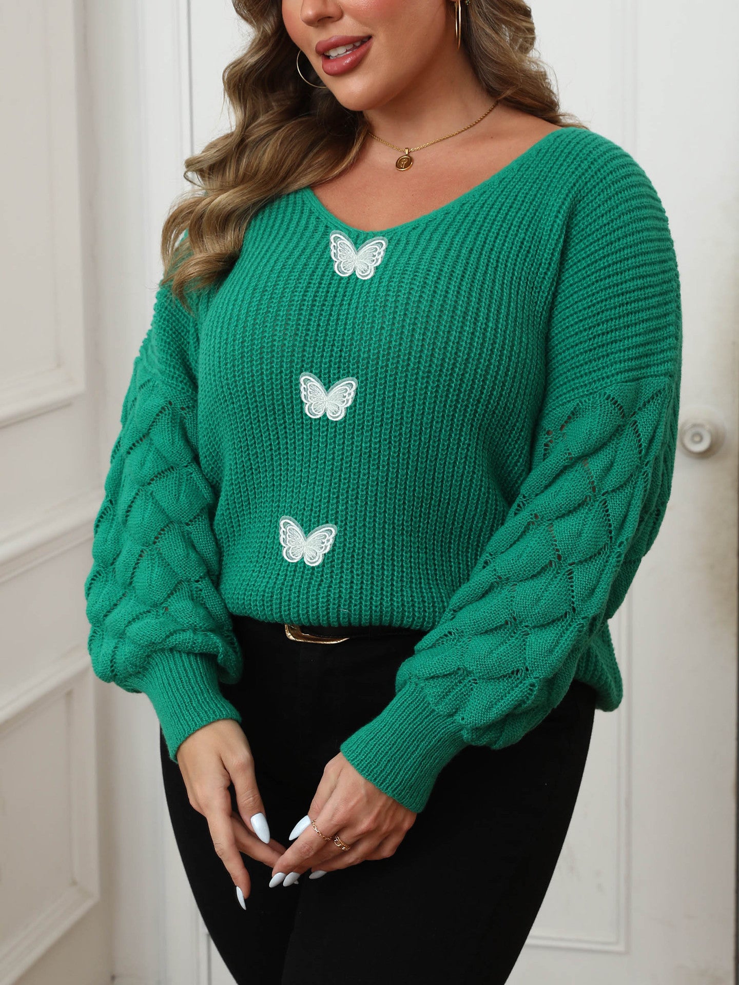 Plus Size Dame Ananas Ærme Sammenføjning Dybt V Vævet Blonde Sommerfugletrøje