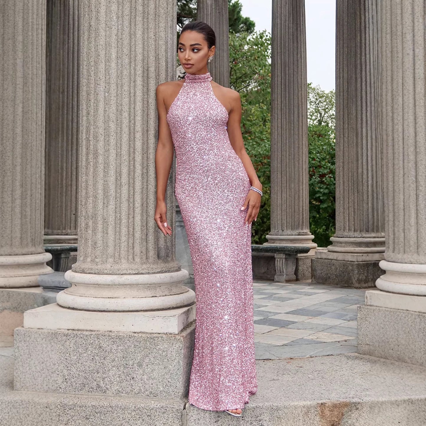 New Halter Neck Sleeveless Sequin Bodycon Evening Dress