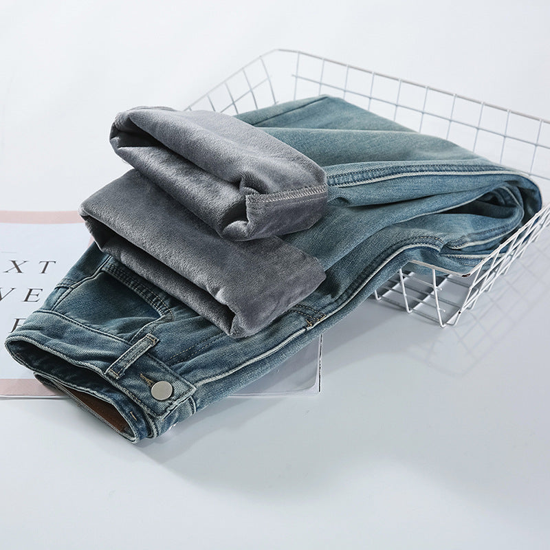 Fleeceforede jeans til kvinder med høj talje, løst design