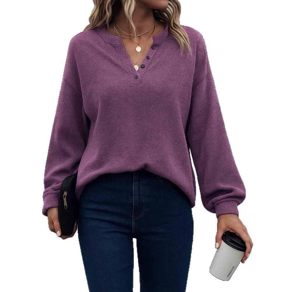 Women's Casual Loose-Fit Fashion Solid-Color Long-Sleeve V-Neck Pullover Top