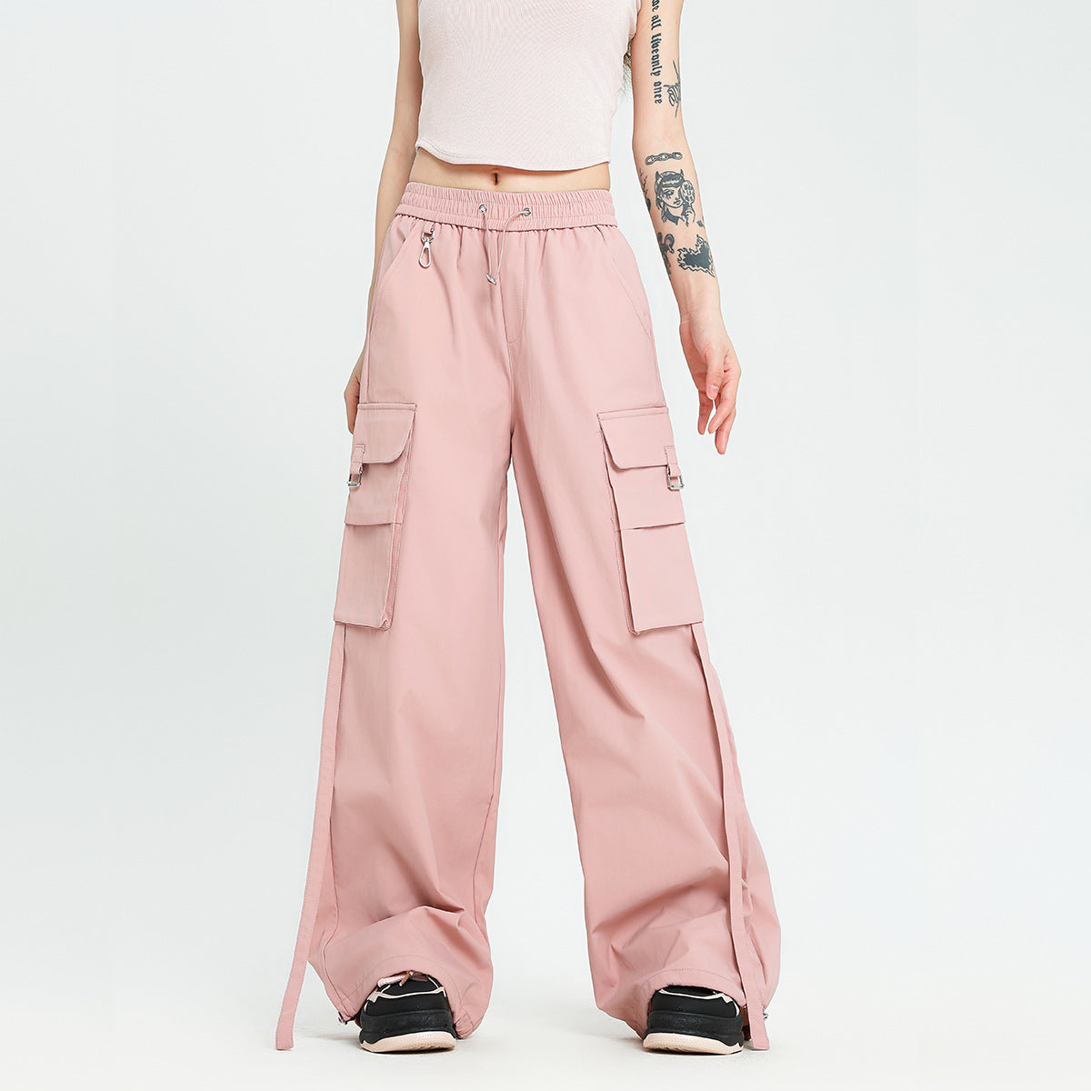 Loose Wide Leg Straight Large Pocket Ribbon Overalls