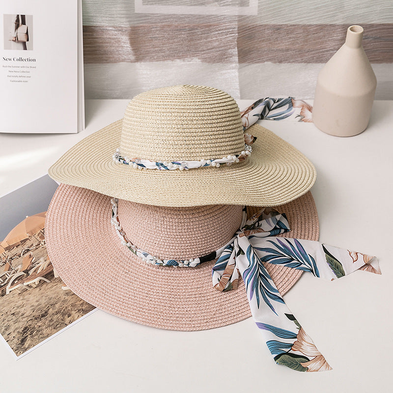 Bow Ribbon Broad-brimmed Hat Silk Scarf Straw Woven Vacation Sun Protection Folding Straw Hat