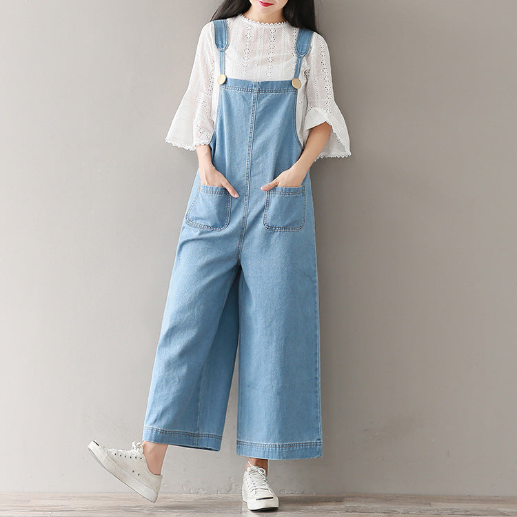 Women's Loose Large Size Cropped Pants Wide Leg Denim Brace Trousers
