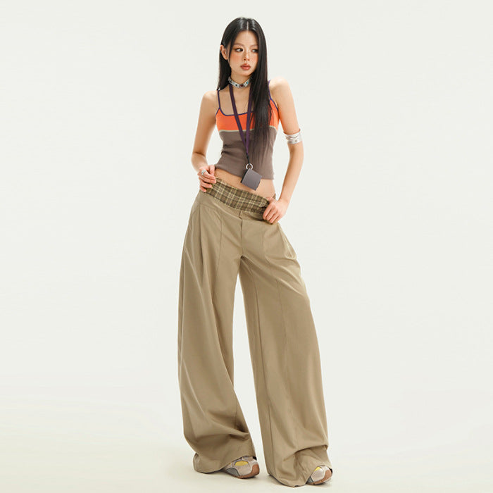 Stitching Waist Head Plaid Casual Pants Loose Wide-leg Pants