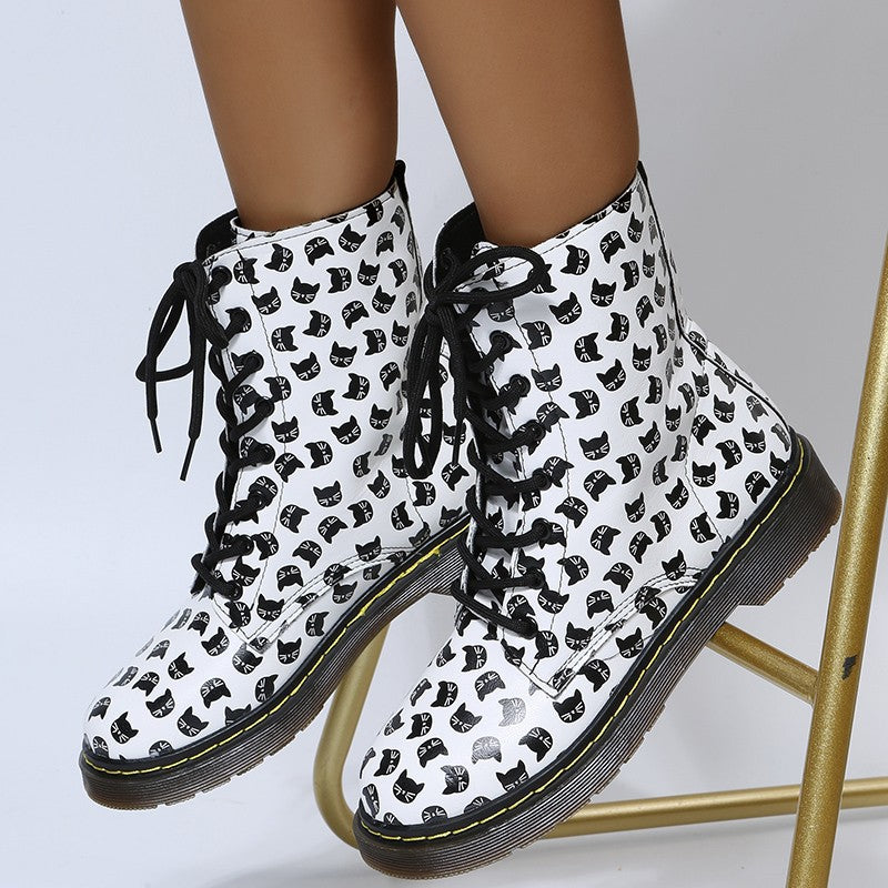 Women's Thick Bottom Square Toe Laces Casual Boots