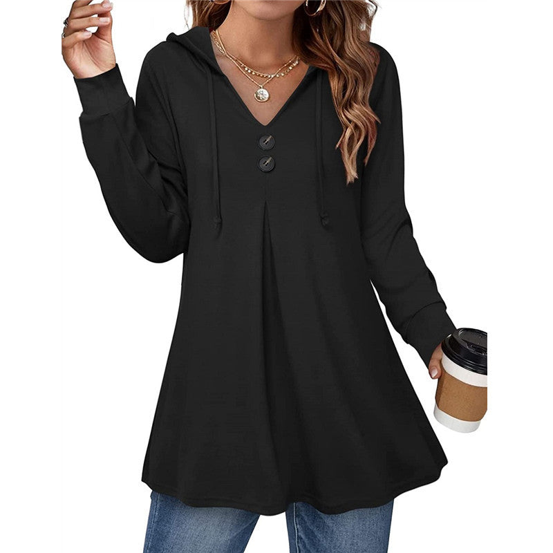 Casual Button V-neck Long Sleeve Hooded Top Sweaters Women's Clothing