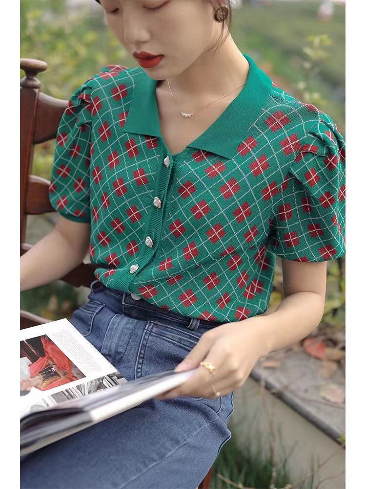 Women's Green Plaid Short-sleeved Knitted Cardigan Jacket