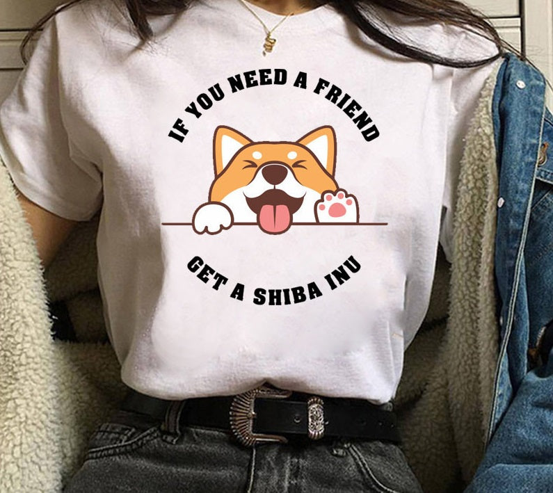 Cute Shiba Inu Print Men And Women Couple T-shirt Bottoming